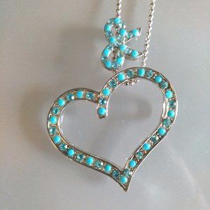 Turquoise Rhinestone Heart & Ribbon Necklace